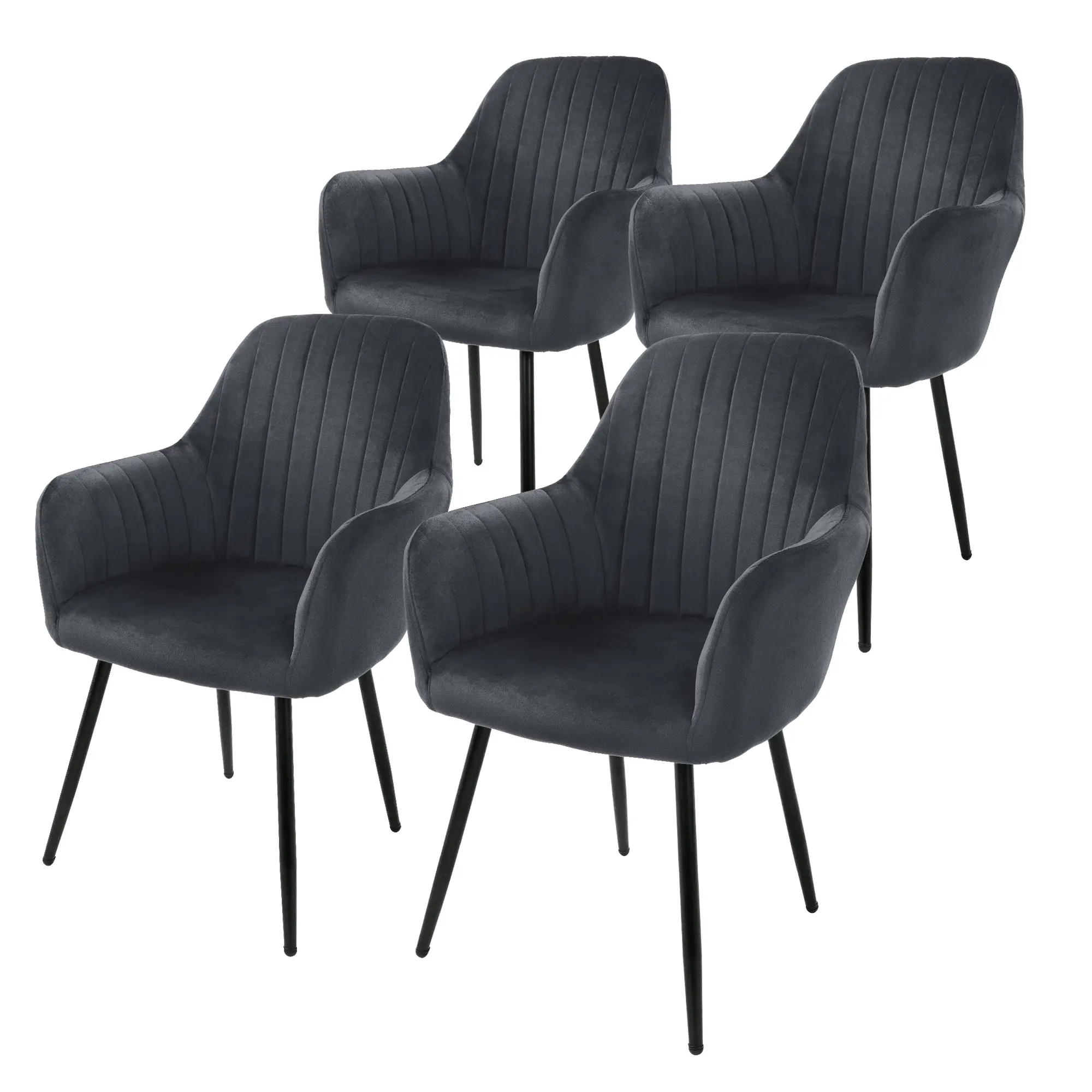 Lot de 4 chaises de salle à manger gris dossier et accoudoirs ergonomiques revêtement en velours respirant piètement noir en acier design élégant