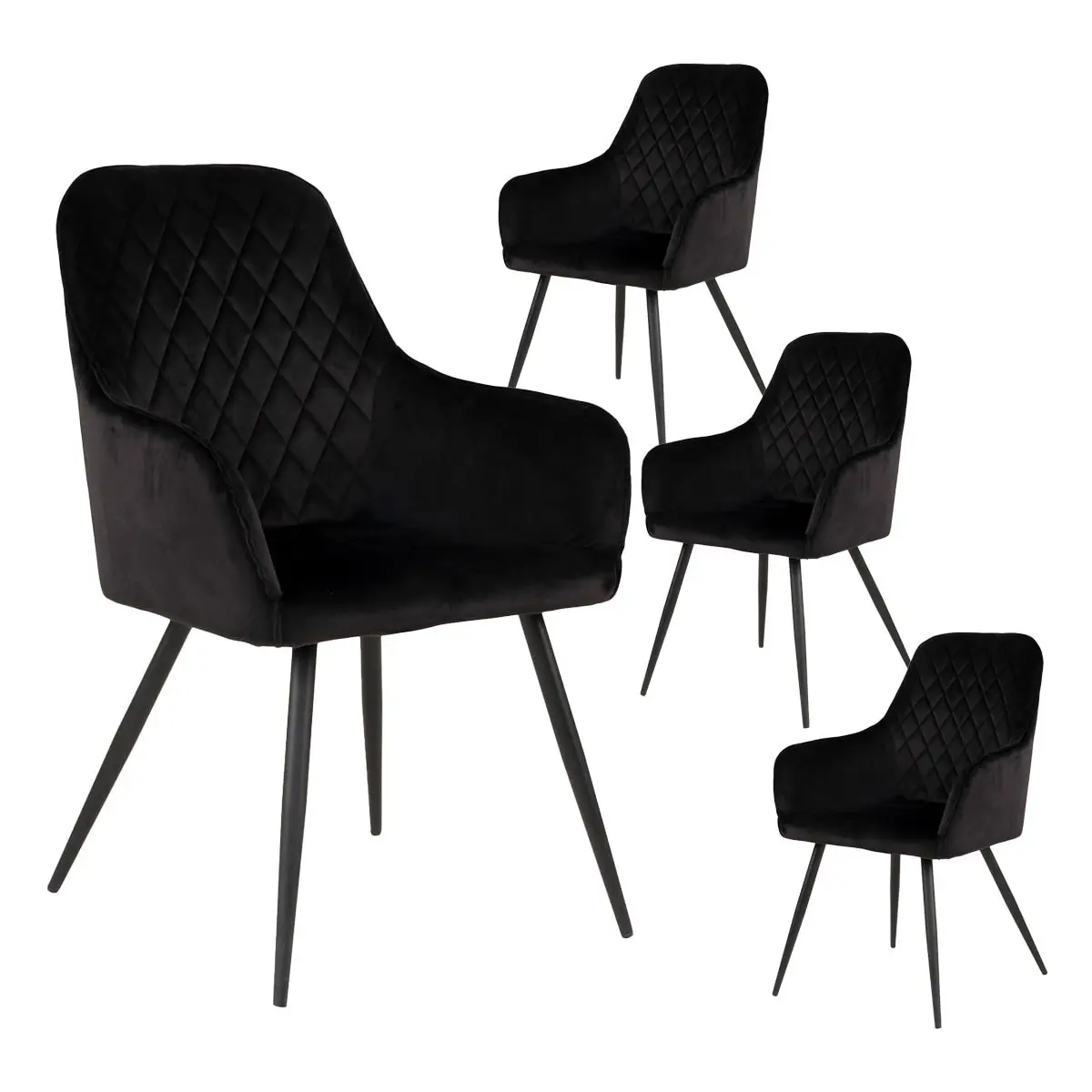 Lot de 4 Fauteuils Velours Noir et Piétement Acier Noir – VIBY
