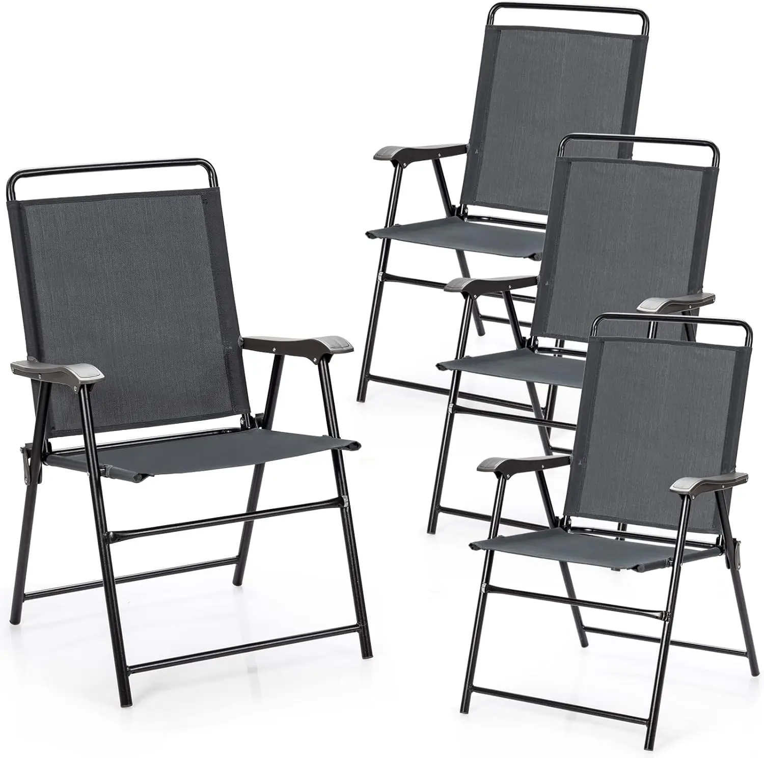 Lot de 4 Chaises de Jardin Pliantes, Chaises d’Extérieur avec Cadre en Métal et Repose-Pieds Antidérapants, Fauteuil de Jardin en Tissu Respirant pour