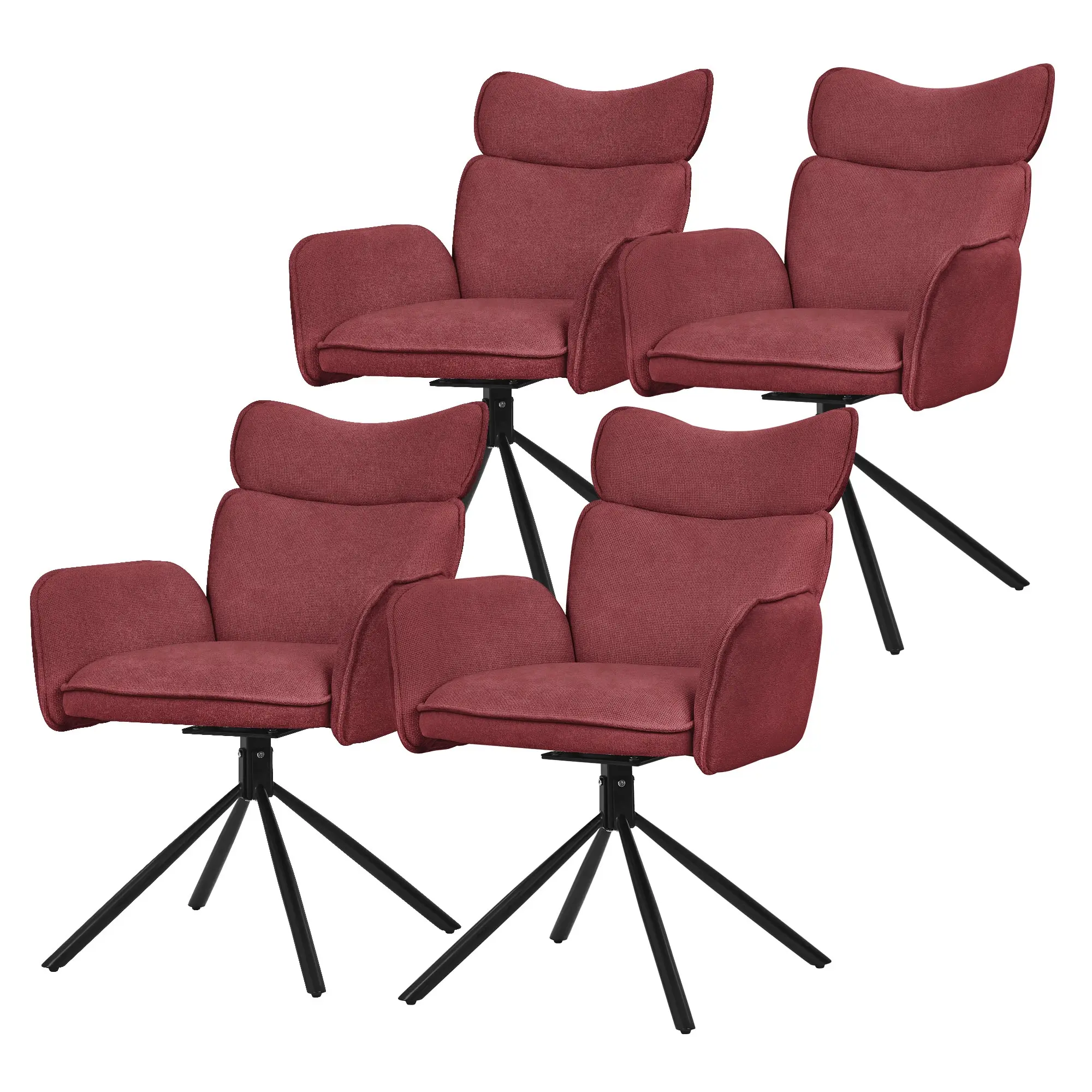 Lot de 4 chaises pivotantes en tissu rouge avec accoudoirs et dossier ergonomique fauteuils à rotation 360° pieds en métal noir sièges salle à manger