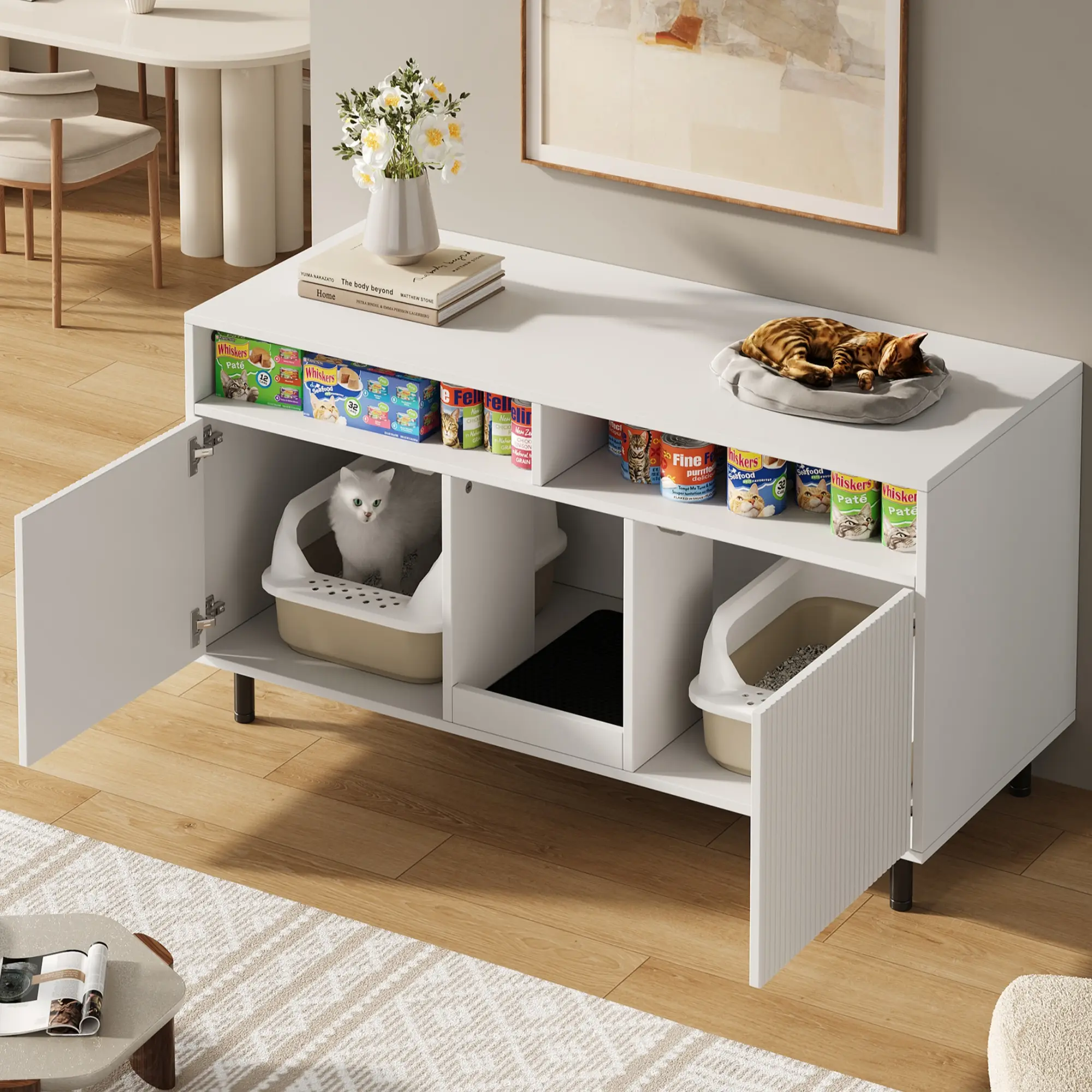 Meuble Litière Chat Bois MDF pour Intérieur Rangement Multi
