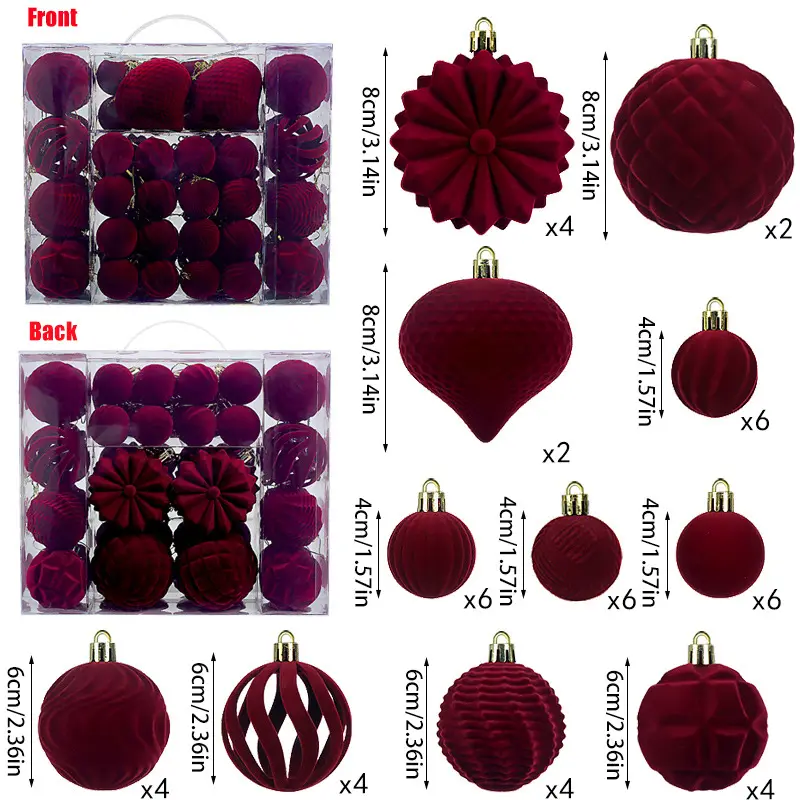 Lot de 48 boules décoratives en plastique pour sapin de Noël, décorations du Nouvel An à faire soi-même, boules de Noël, rouge vin